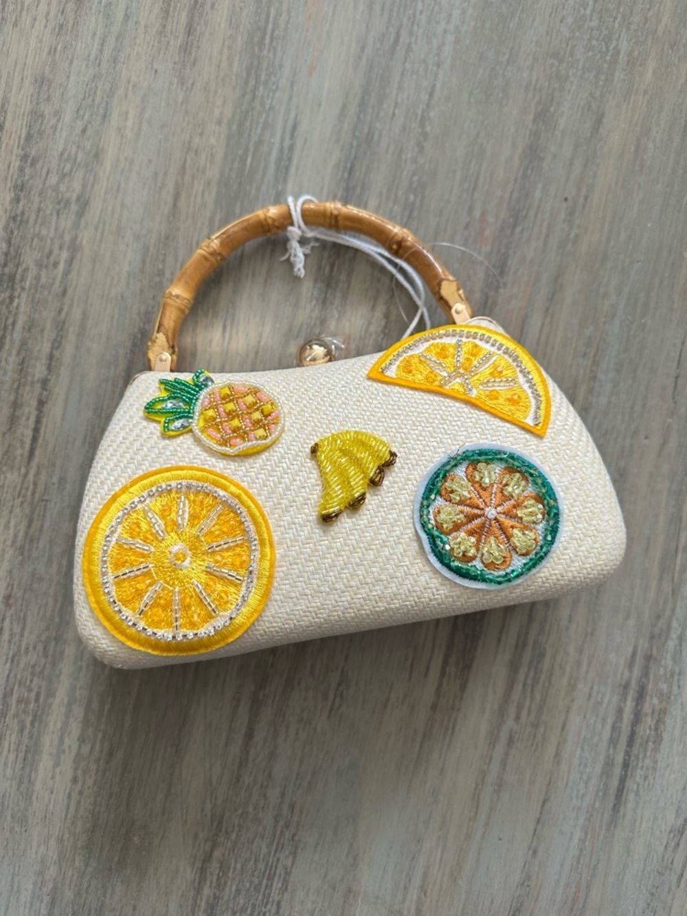 Haute Hippie Cream Straw Clutch Handle Crossbody with Fruit Appliqués - Picture 2 of 7